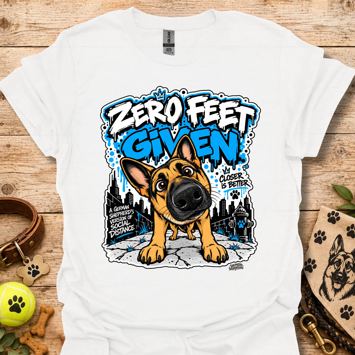 White crewneck T-shirt with colorful dog graphic and front slogan print