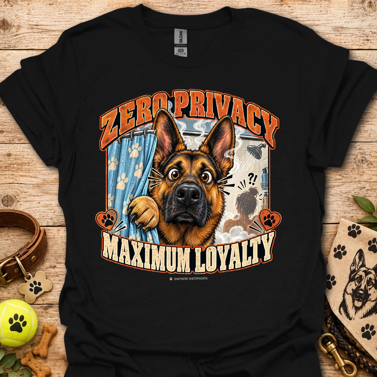 Black T-shirt with a German shepherd graphic and “Zero Privacy, Maximum Loyalty” lettering