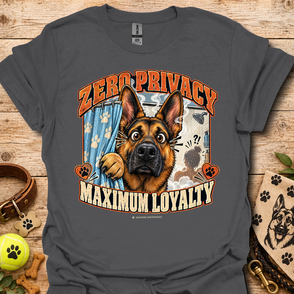 Charcoal T-shirt with a German shepherd graphic and “Zero Privacy, Maximum Loyalty” lettering