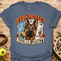 Heather indigo T-shirt with a German shepherd graphic and “Zero Privacy, Maximum Loyalty” lettering