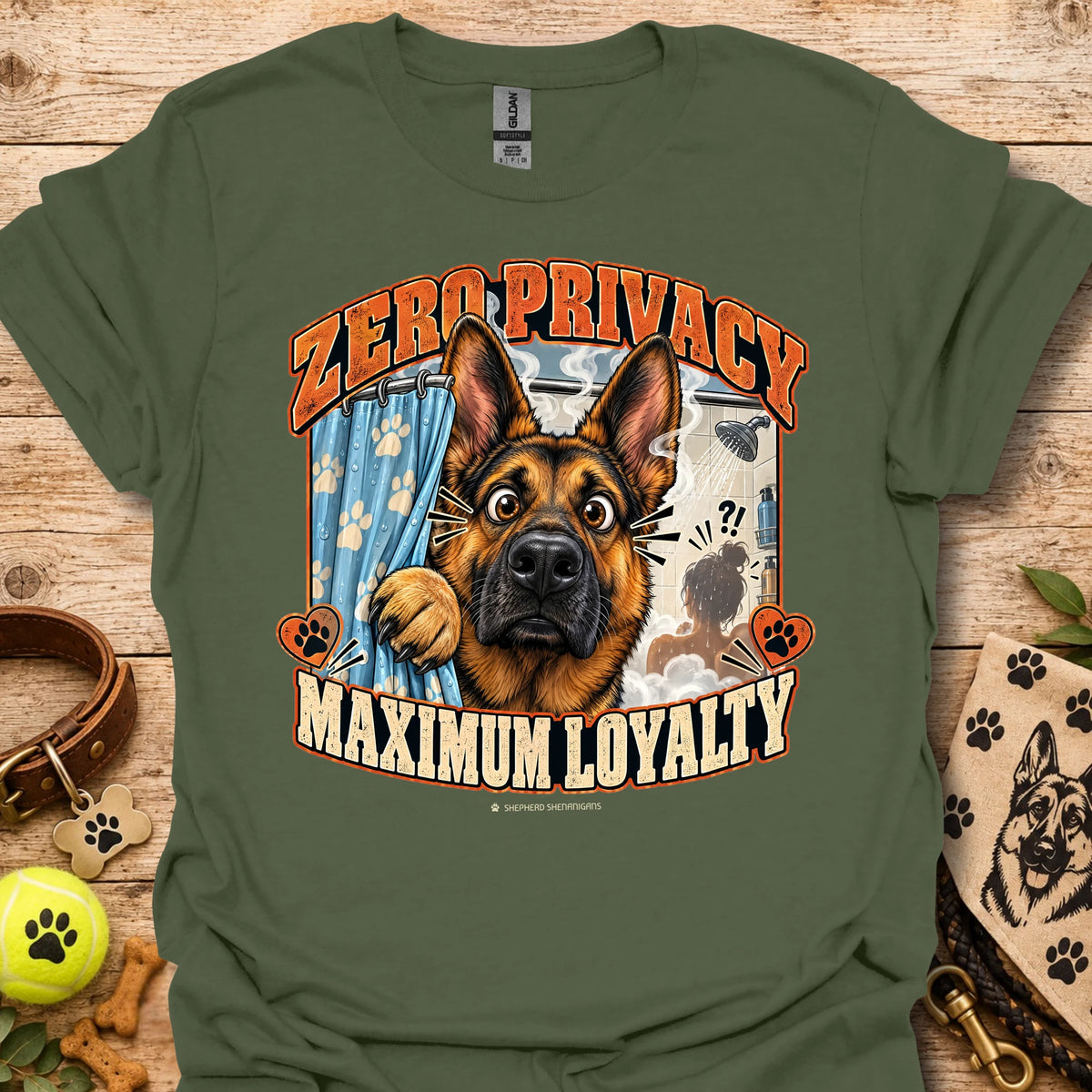 Military green T-shirt with a German shepherd graphic and “Zero Privacy, Maximum Loyalty” lettering
