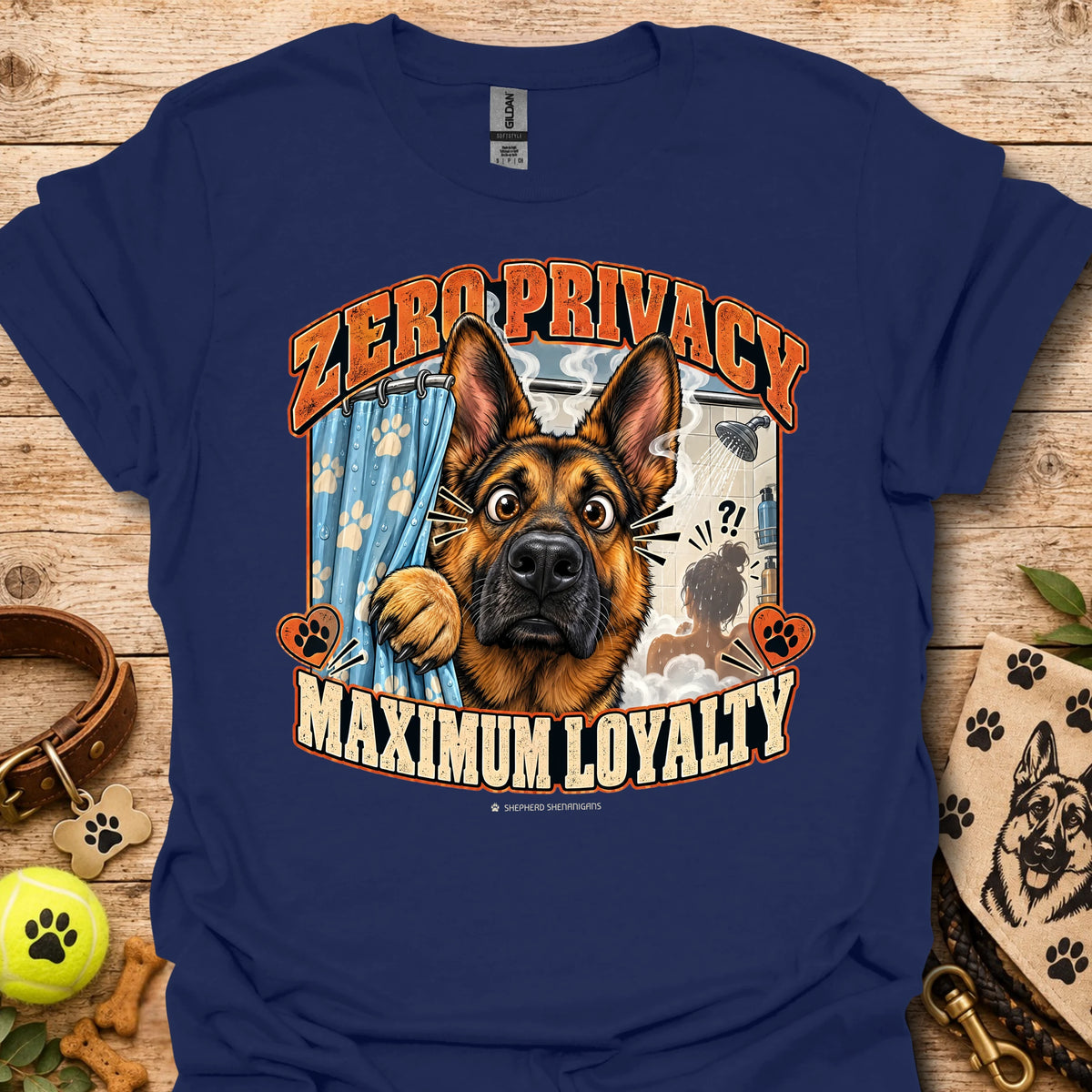 Navy T-shirt with a German shepherd graphic and “Zero Privacy, Maximum Loyalty” lettering