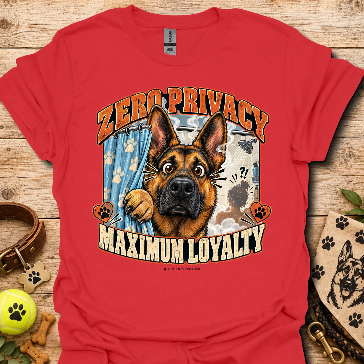 Red T-shirt with a German shepherd graphic and “Zero Privacy, Maximum Loyalty” lettering