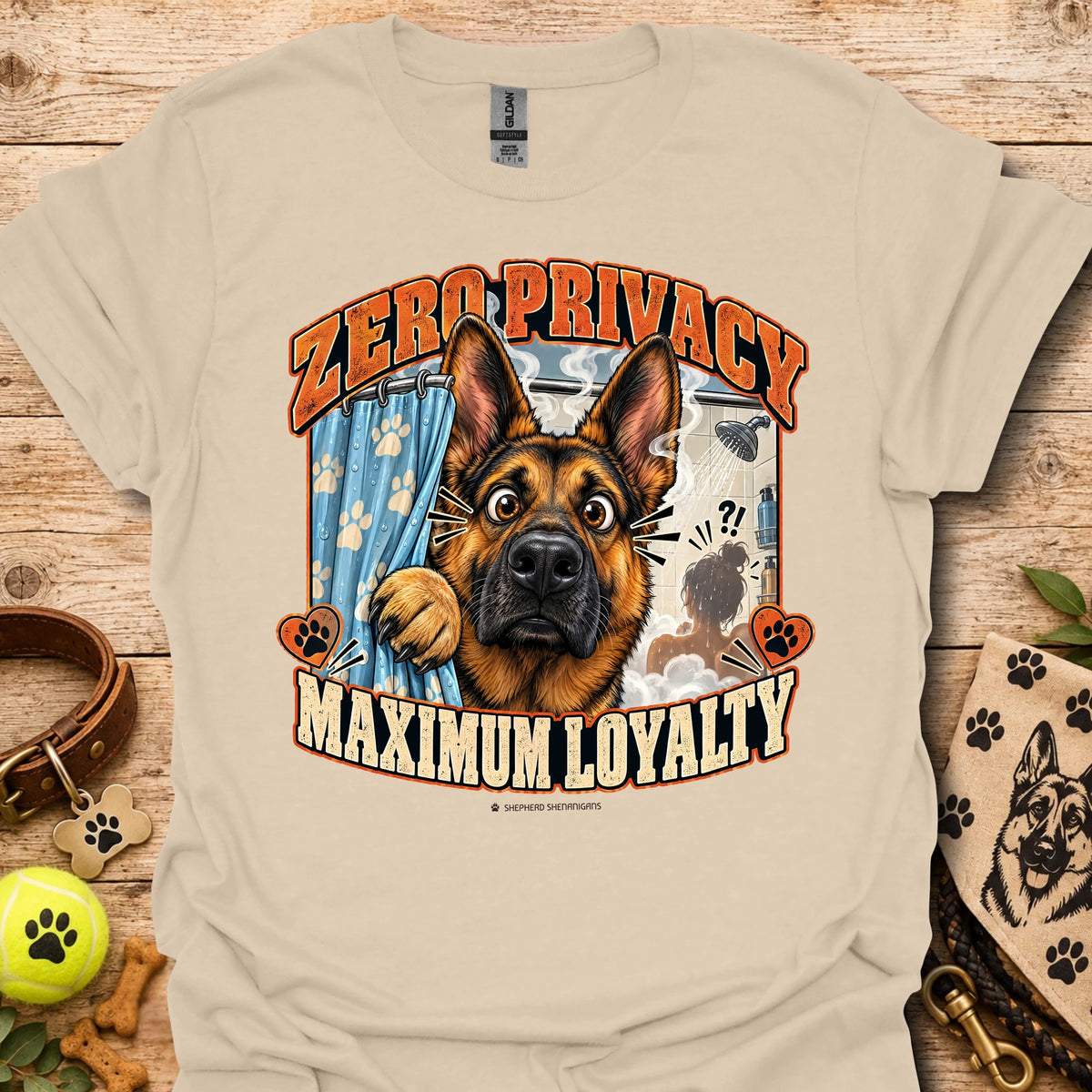 Sand T-shirt with a German shepherd graphic and “Zero Privacy, Maximum Loyalty” lettering