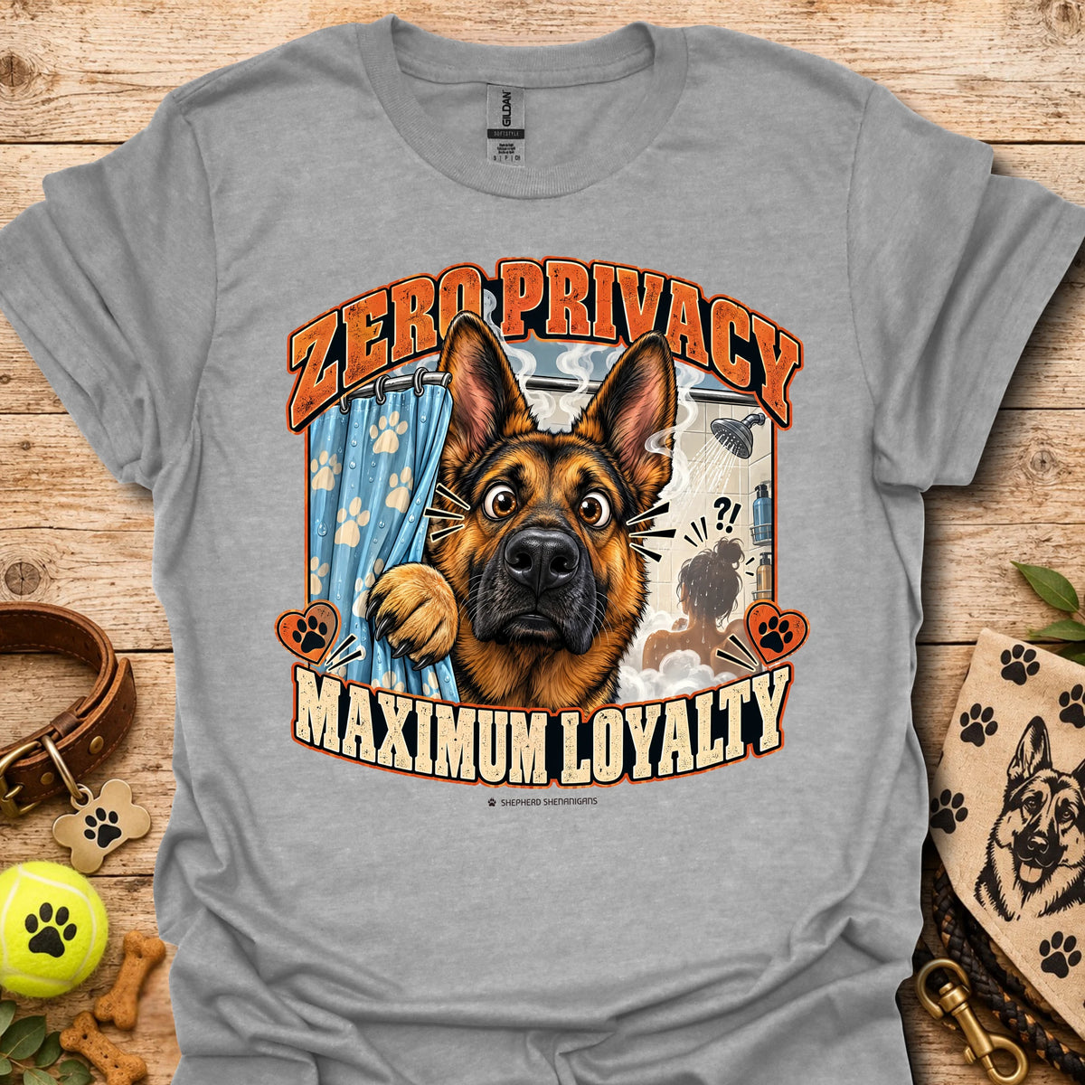 Sport gray T-shirt with a German shepherd graphic and “Zero Privacy, Maximum Loyalty” lettering