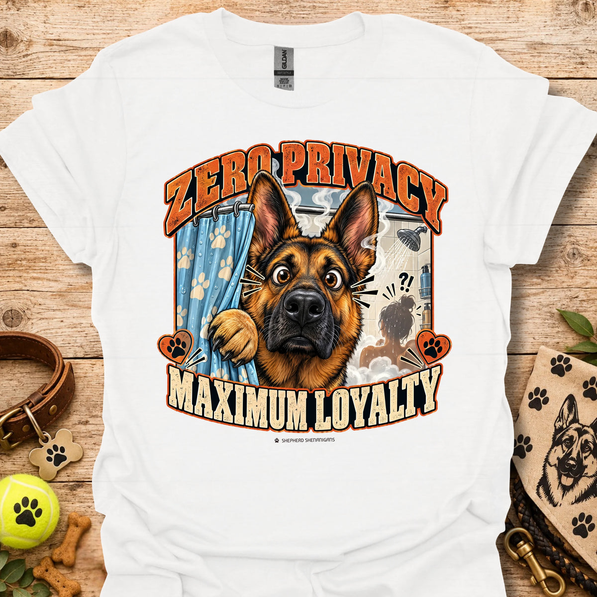 White T-shirt with a German shepherd graphic and “Zero Privacy, Maximum Loyalty” lettering