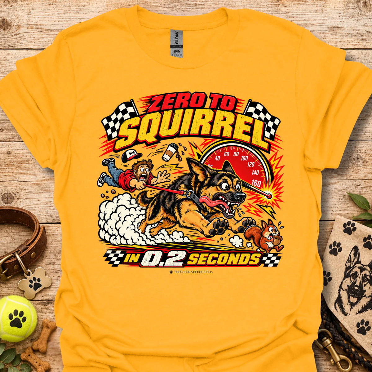 Graphic T-shirt in mustard yellow with comic squirrel racer and action timer print.