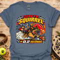 Graphic T-shirt in slate blue with comic squirrel racer and action timer print.