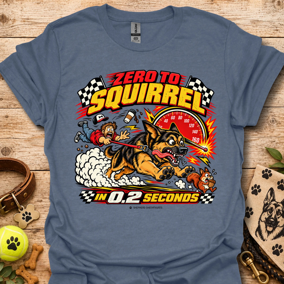 Graphic T-shirt in slate blue with comic squirrel racer and action timer print.