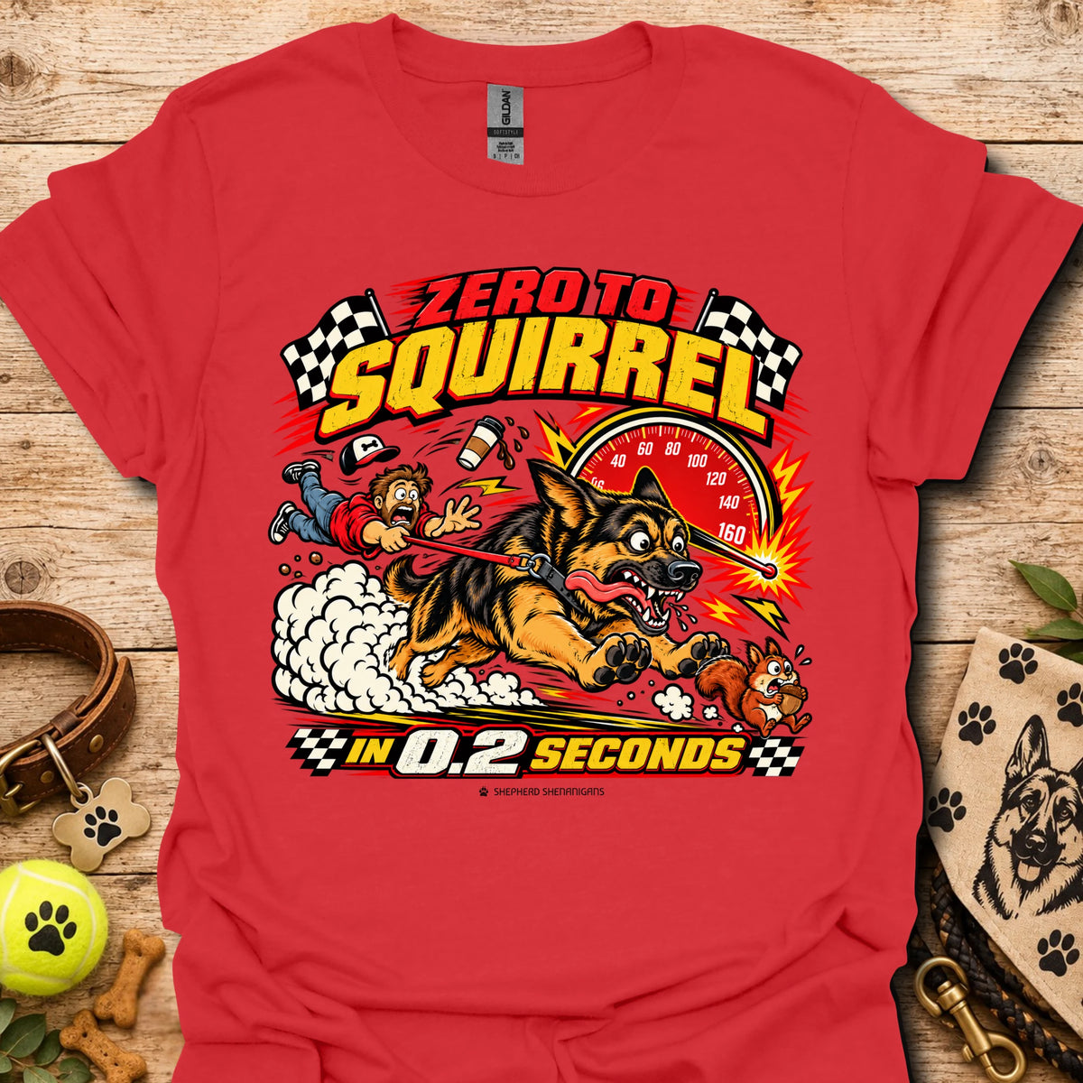 Graphic T-shirt in red with comic squirrel racer and action timer print.
