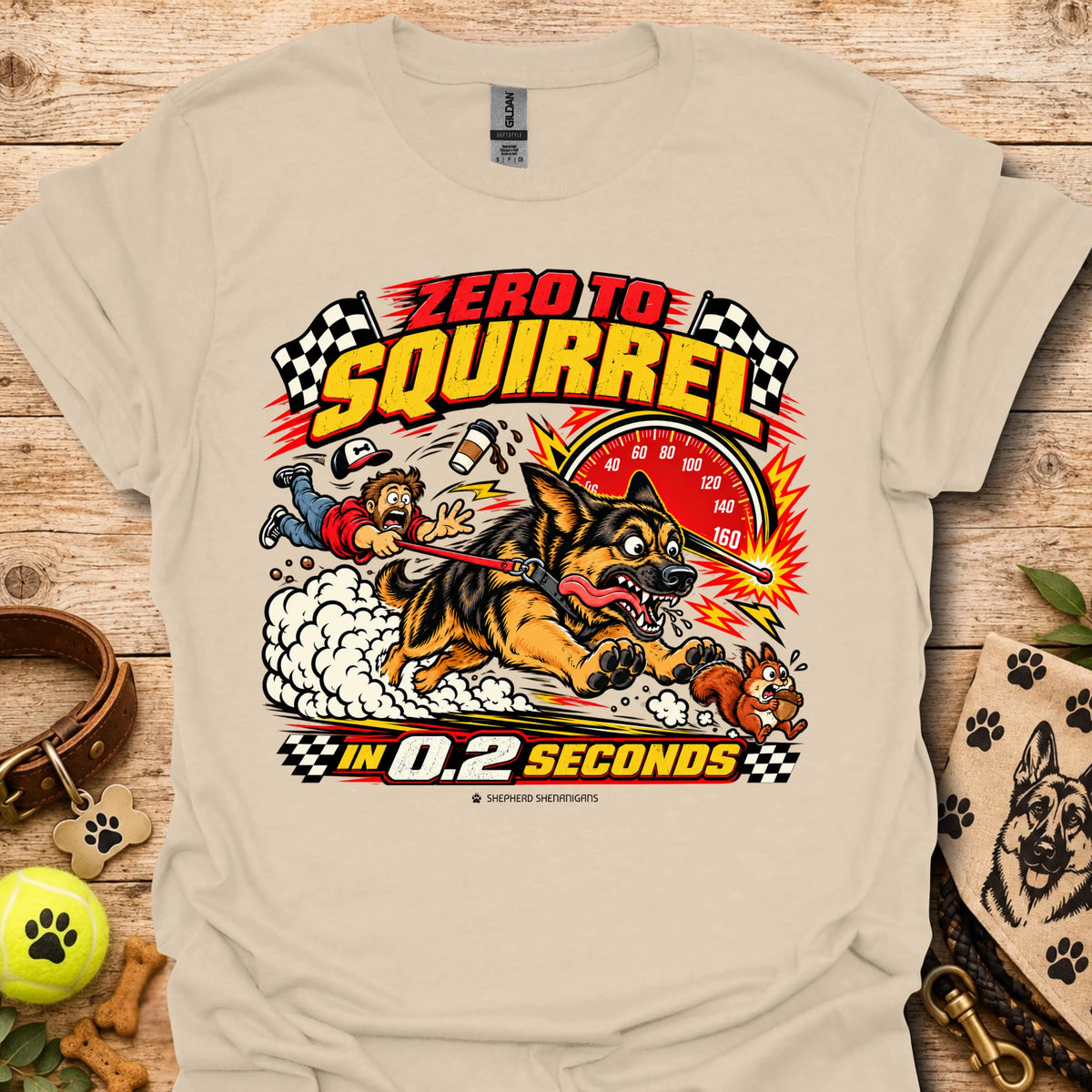 Graphic T-shirt in sand beige with comic squirrel racer and action timer print.