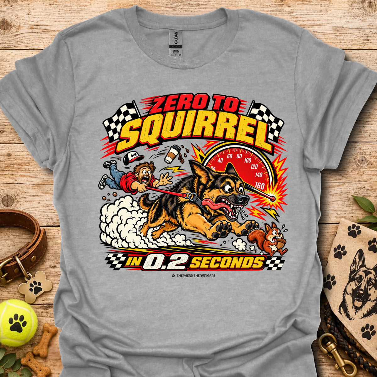 Graphic T-shirt in heather gray with comic squirrel racer and action timer print.