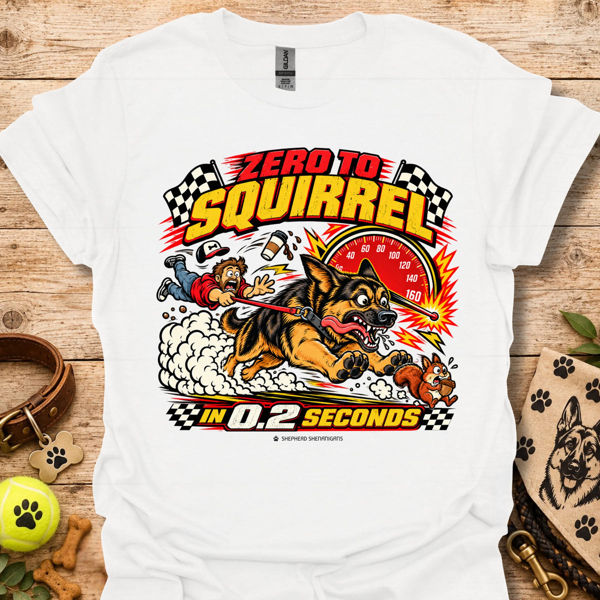 Graphic T-shirt in white with comic squirrel racer and action timer print.