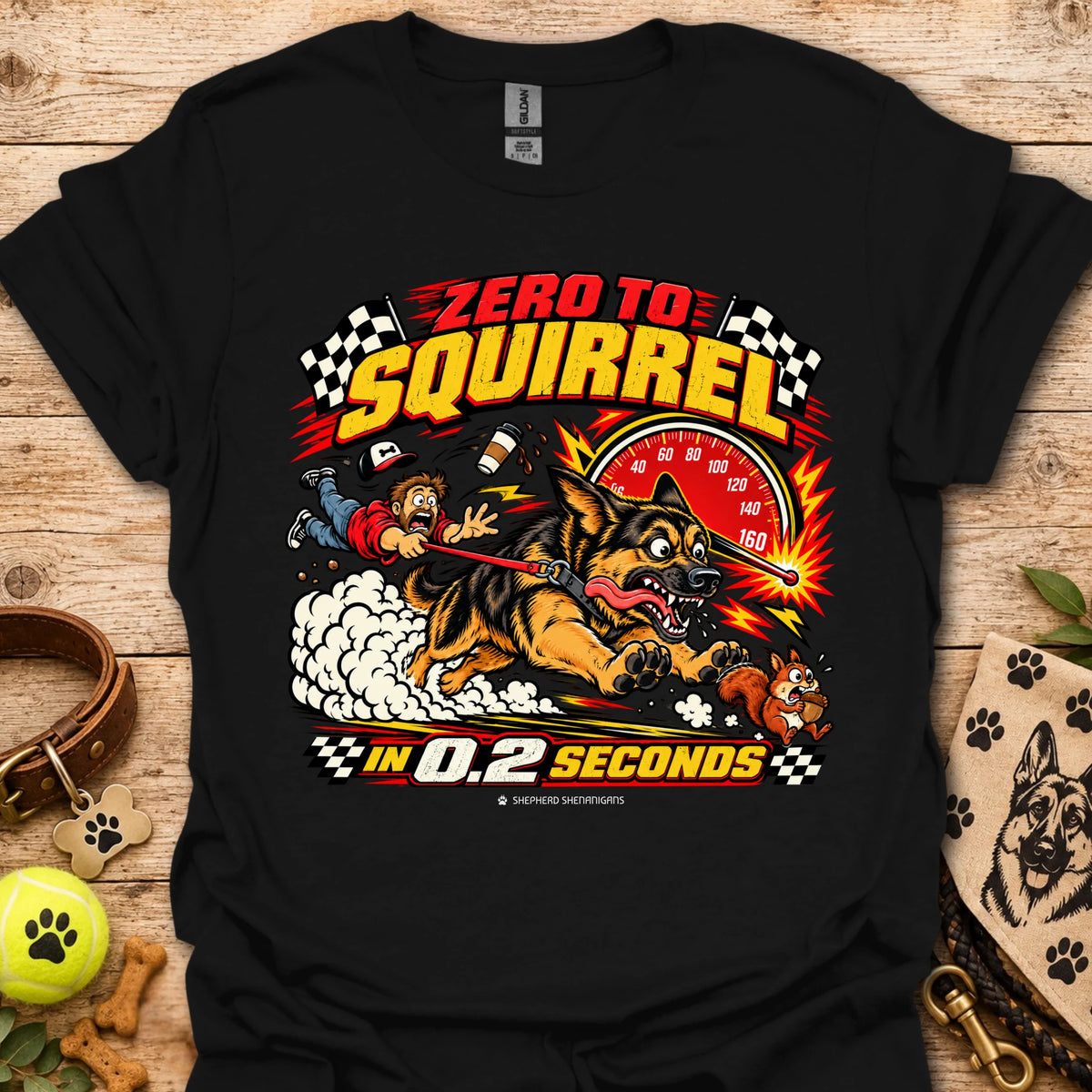 Graphic T-shirt in black with comic squirrel racer and action timer print.