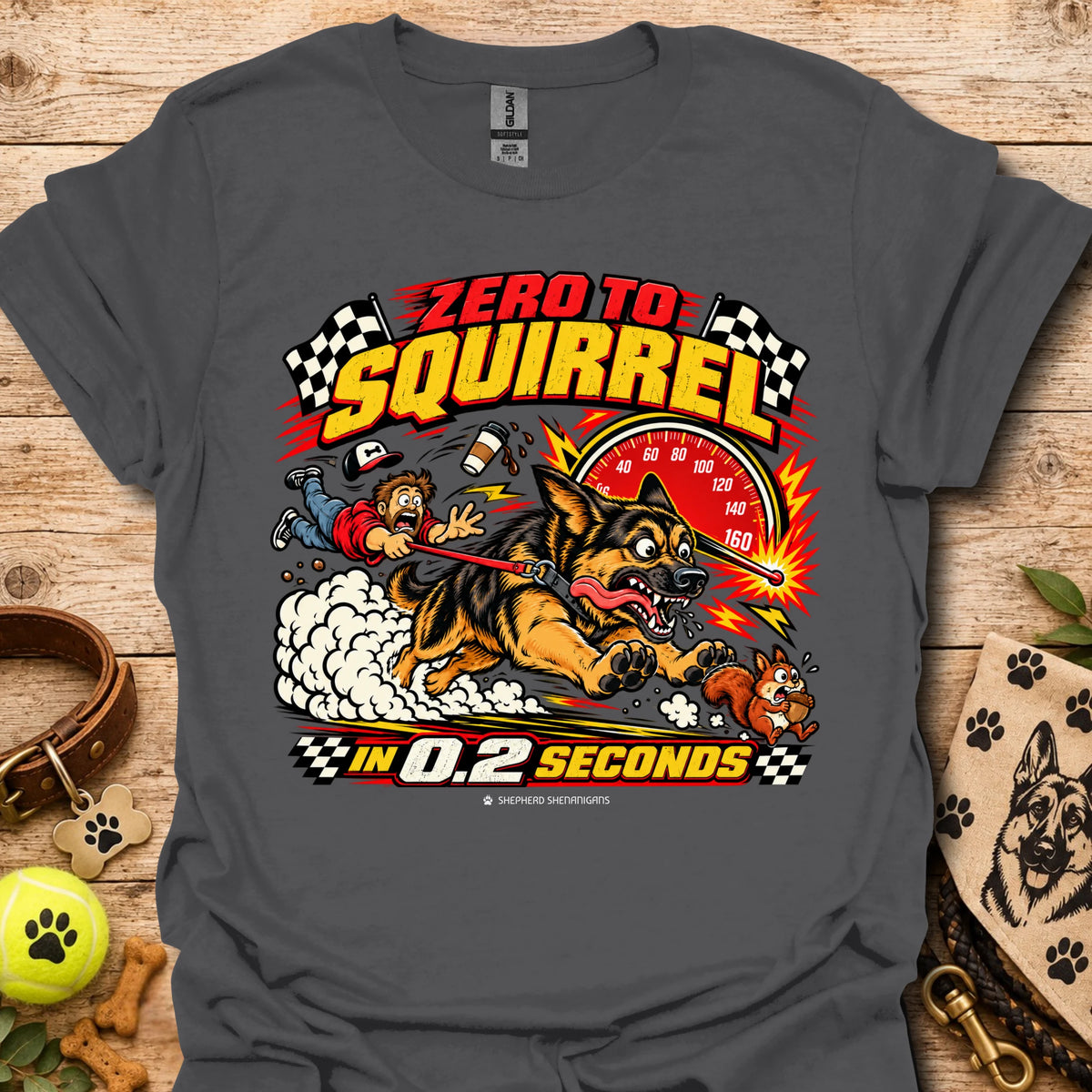 Graphic T-shirt in charcoal gray with comic squirrel racer and action timer print.