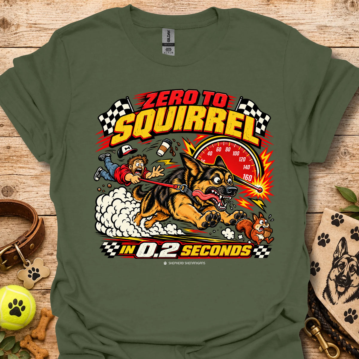 Graphic T-shirt in olive green with comic squirrel racer and action timer print.