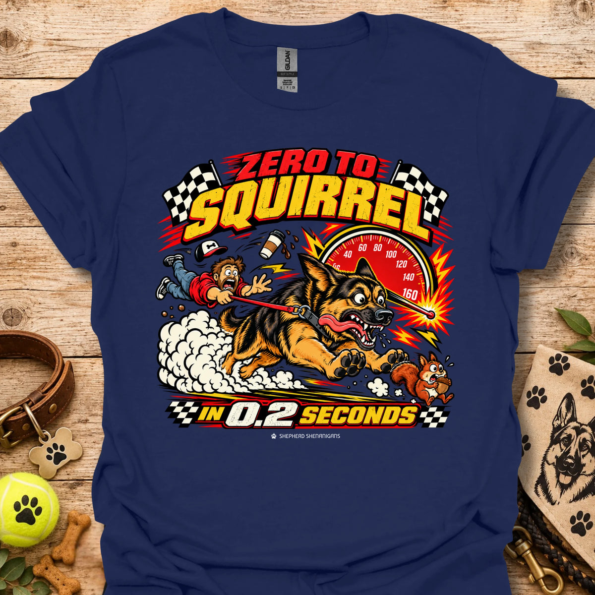 Graphic T-shirt in navy blue with comic squirrel racer and action timer print.