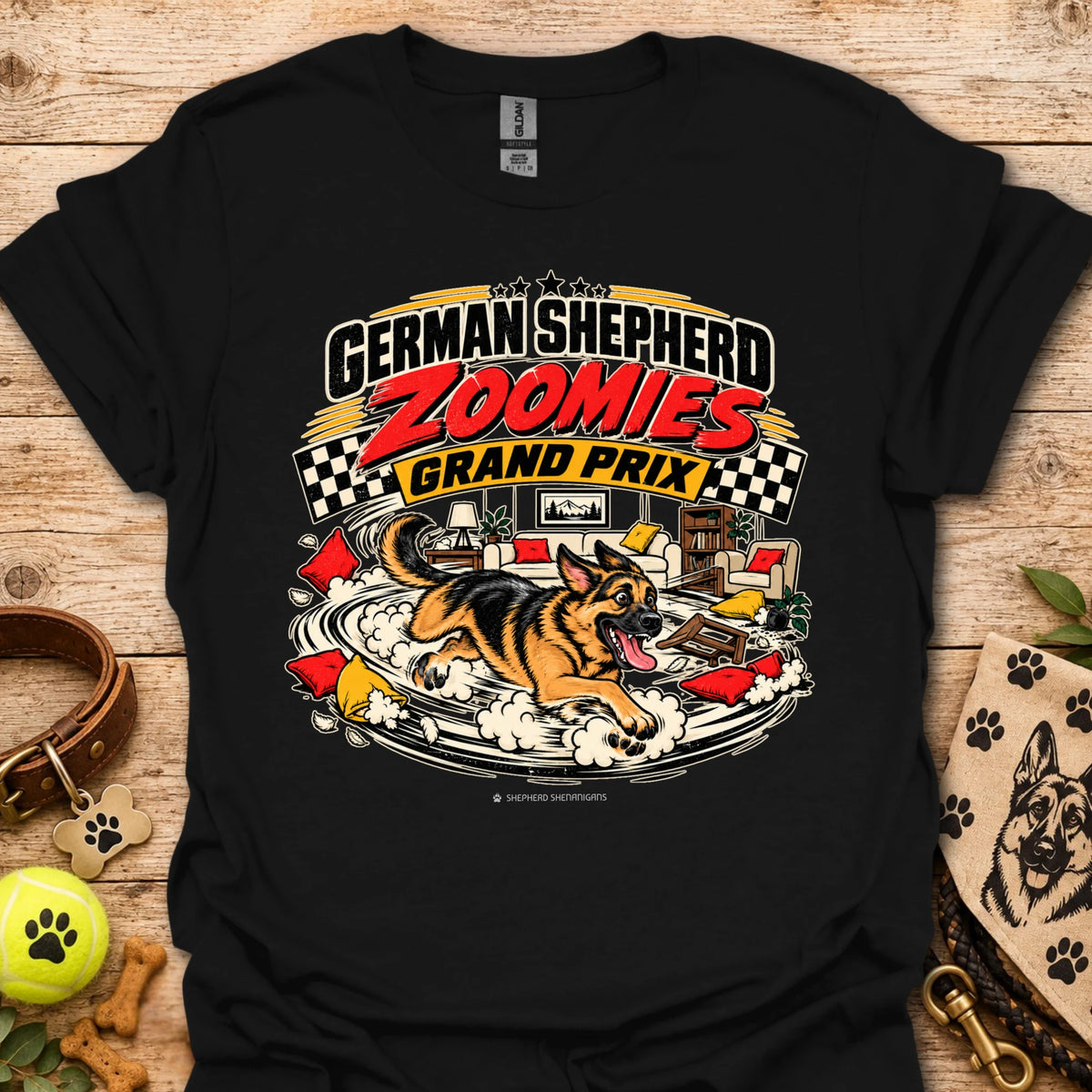 German Shepherd graphic tee in black, front print reading “Zoomies Grand Prix”