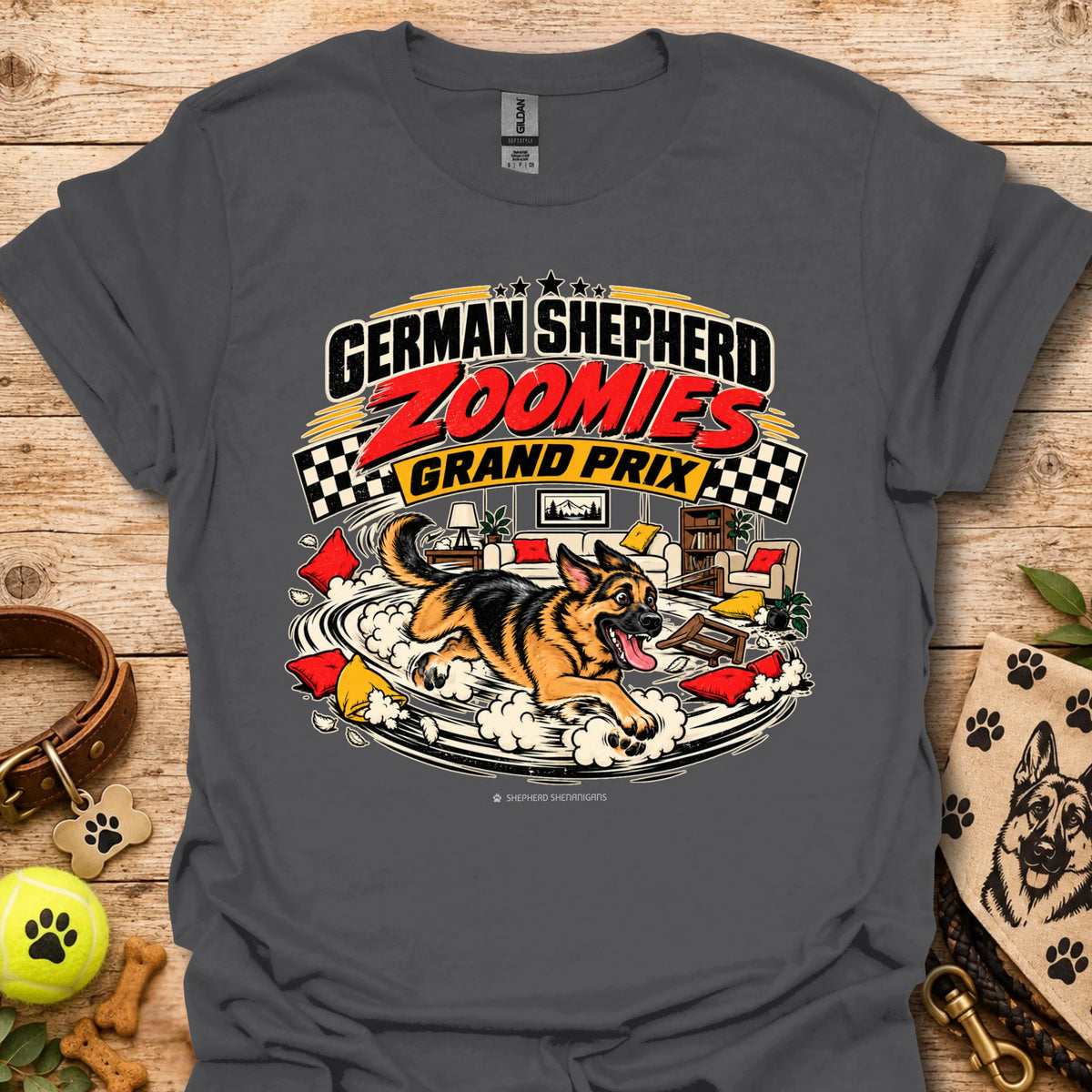 German Shepherd graphic tee in charcoal, front print reading “Zoomies Grand Prix”