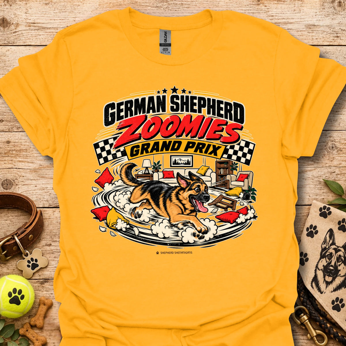 German Shepherd graphic tee in gold, front print reading “Zoomies Grand Prix”