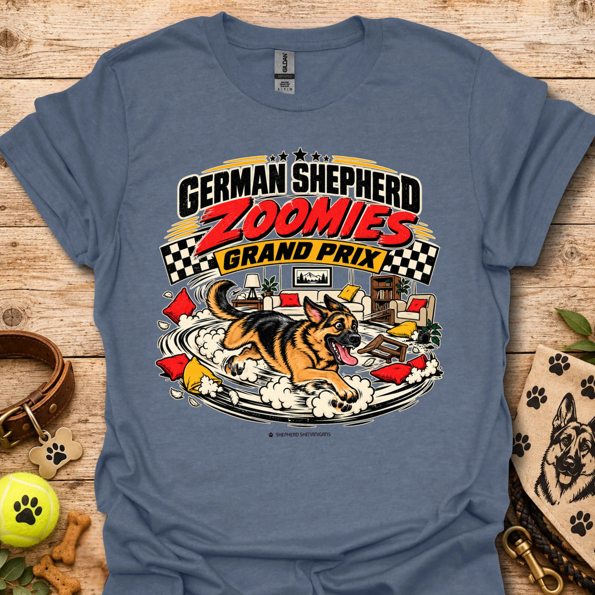 German Shepherd graphic tee in heather blue, front print reading “Zoomies Grand Prix”