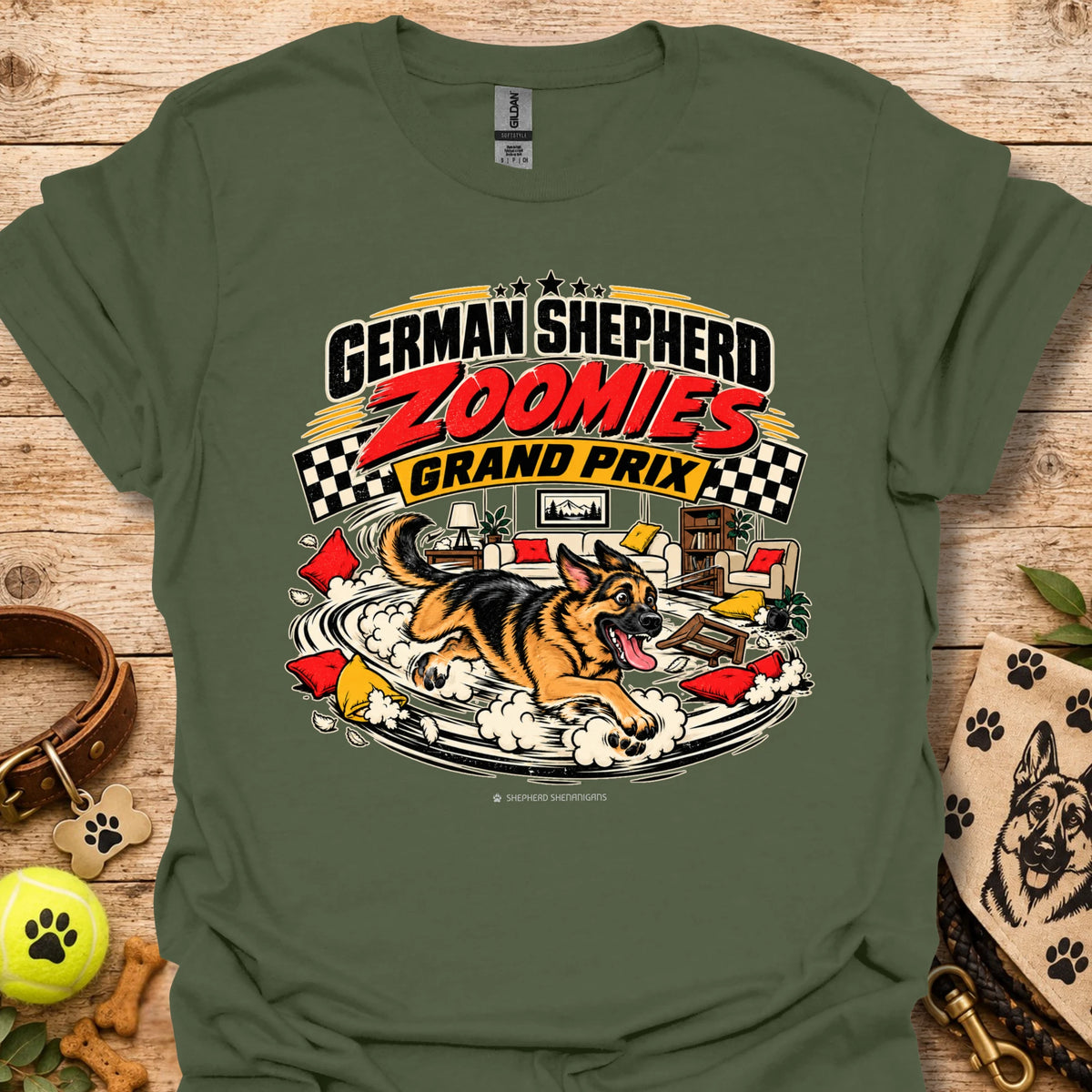 German Shepherd graphic tee in military green, front print reading “Zoomies Grand Prix”