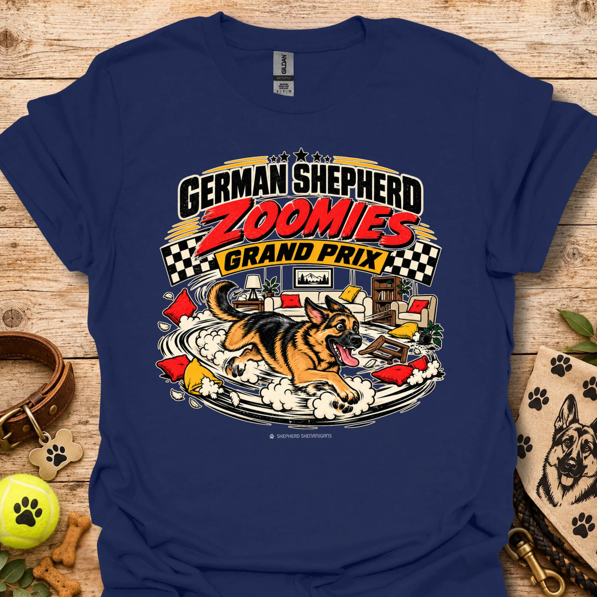 German Shepherd graphic tee in navy, front print reading “Zoomies Grand Prix”