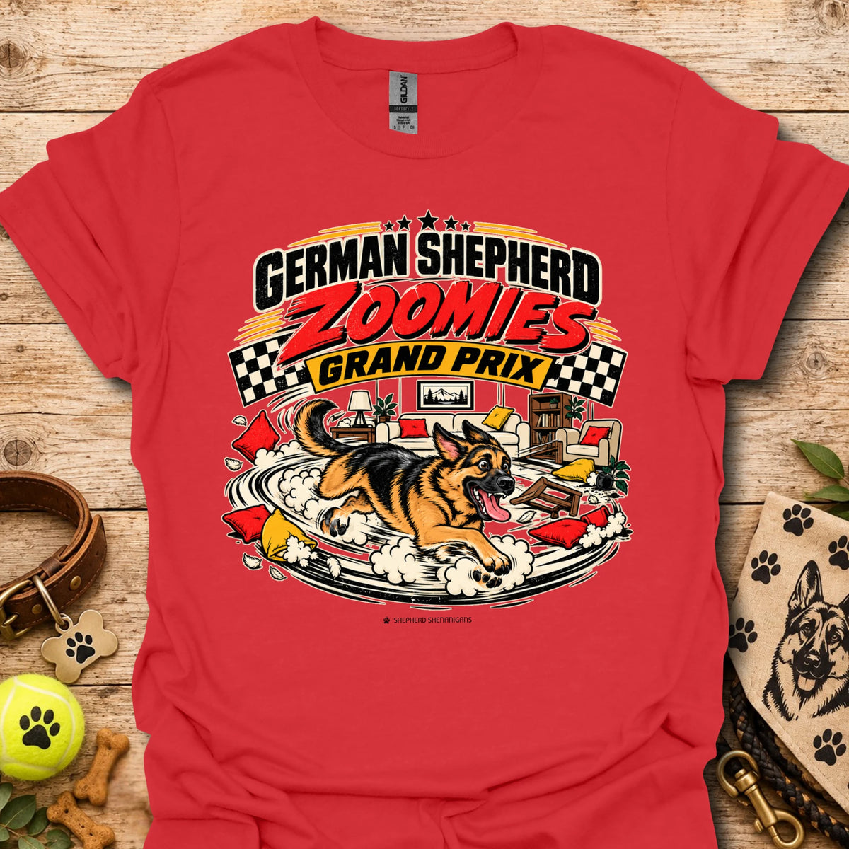 German Shepherd graphic tee in red, front print reading “Zoomies Grand Prix”