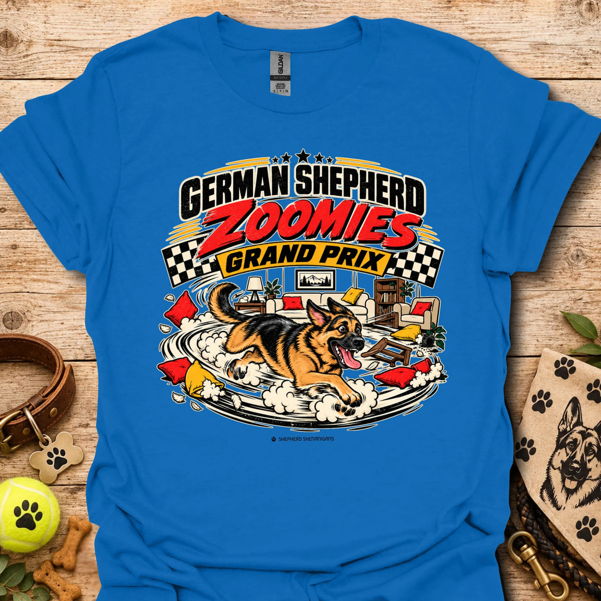 German Shepherd graphic tee in royal blue, front print reading “Zoomies Grand Prix”