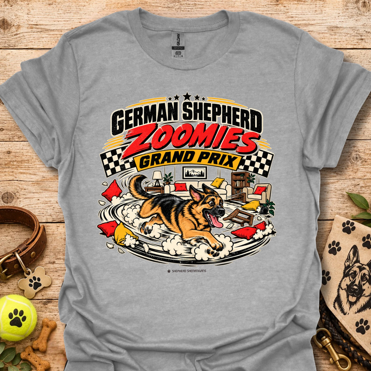 German Shepherd graphic tee in sport grey, front print reading “Zoomies Grand Prix”