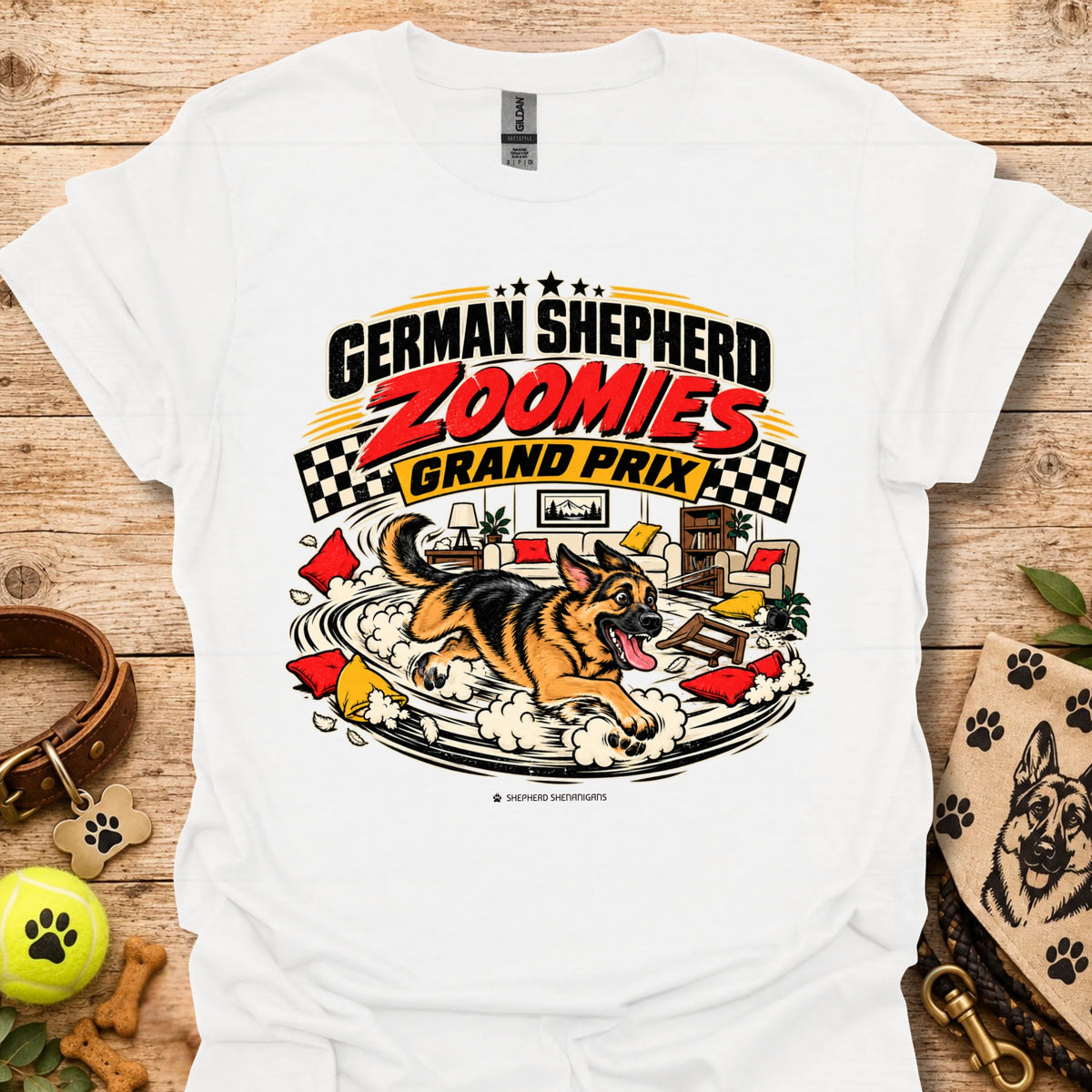 German Shepherd graphic tee in white, front print reading “Zoomies Grand Prix”