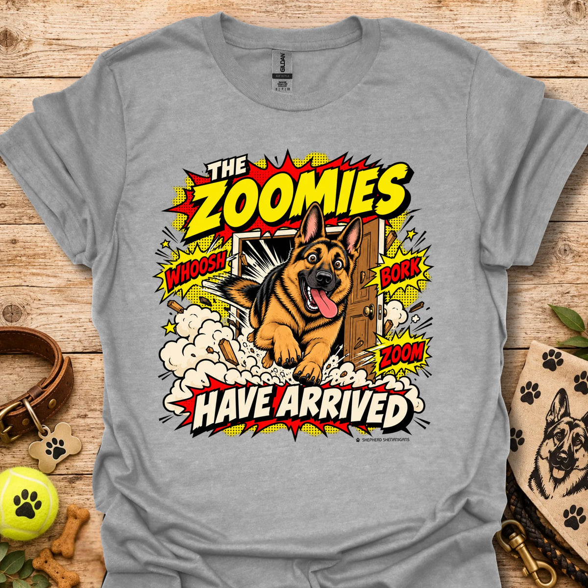 Sport grey T-shirt with playful dog graphic and 'THE ZOOMIES HAVE ARRIVED' text