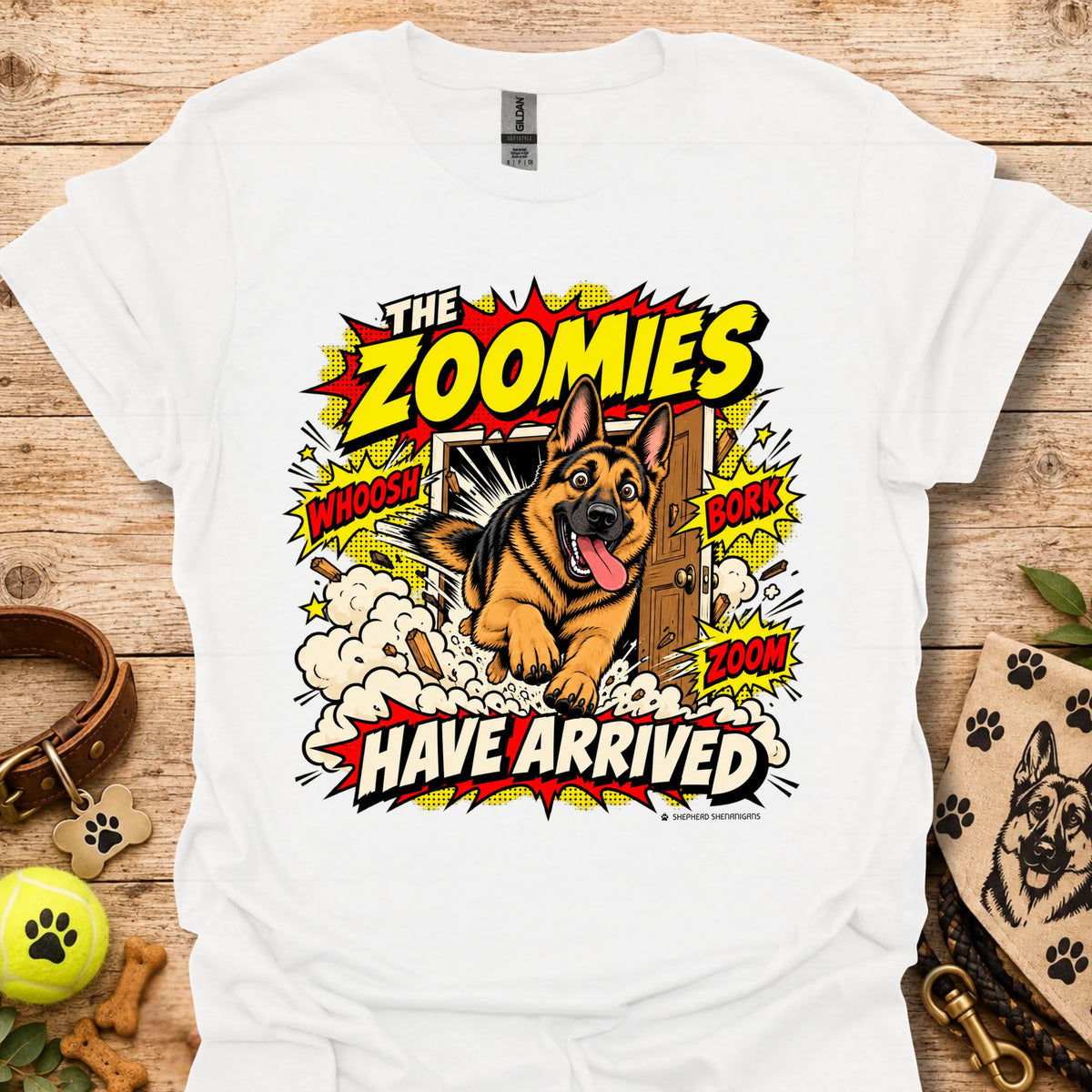 White T-shirt with playful dog graphic and 'THE ZOOMIES HAVE ARRIVED' text