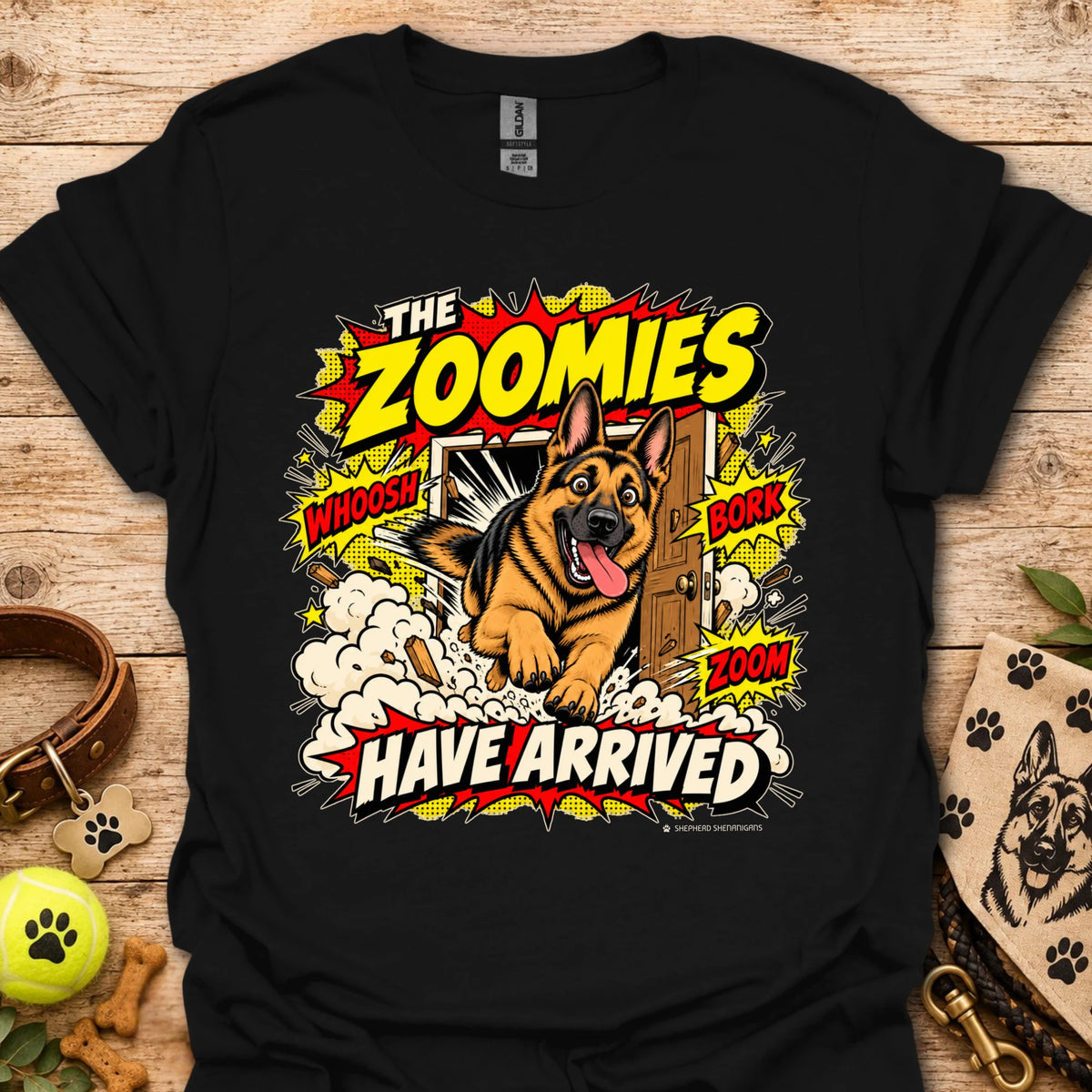 Black T-shirt with playful dog graphic and 'THE ZOOMIES HAVE ARRIVED' text
