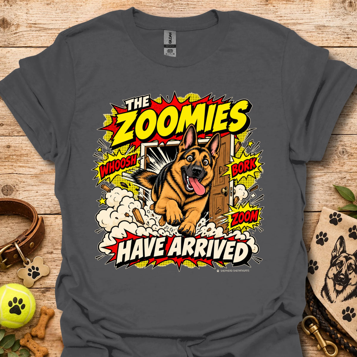 Charcoal T-shirt with playful dog graphic and 'THE ZOOMIES HAVE ARRIVED' text