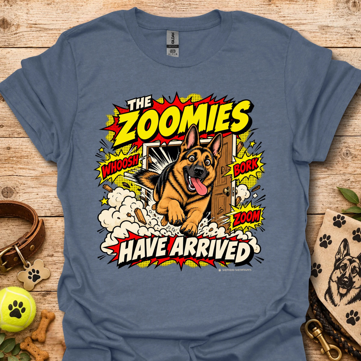 Heather indigo T-shirt with playful dog graphic and 'THE ZOOMIES HAVE ARRIVED' text