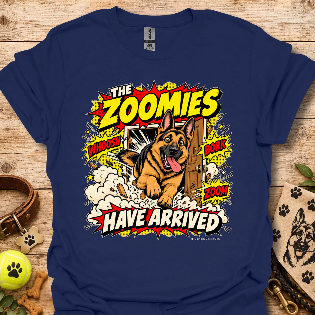 Navy T-shirt with playful dog graphic and 'THE ZOOMIES HAVE ARRIVED' text