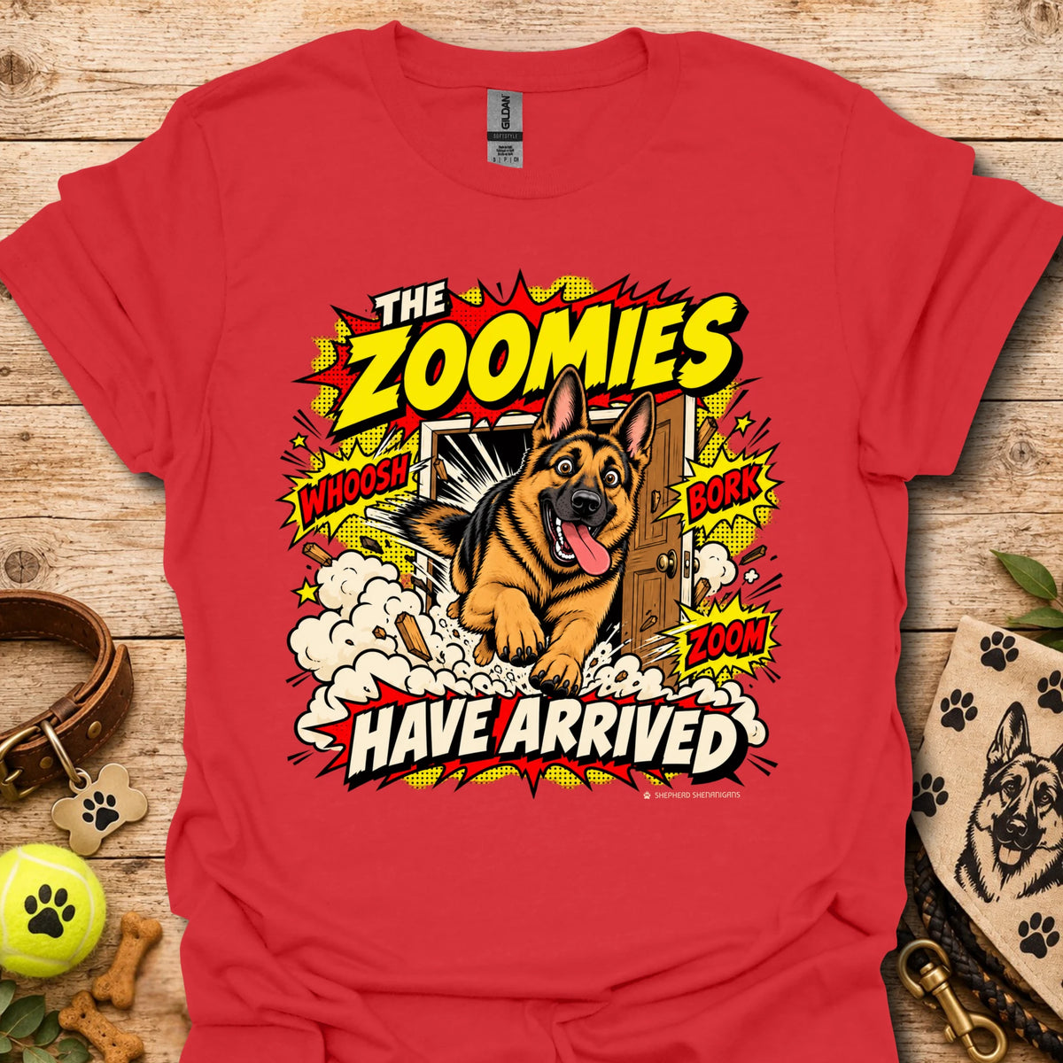 Red T-shirt with playful dog graphic and 'THE ZOOMIES HAVE ARRIVED' text