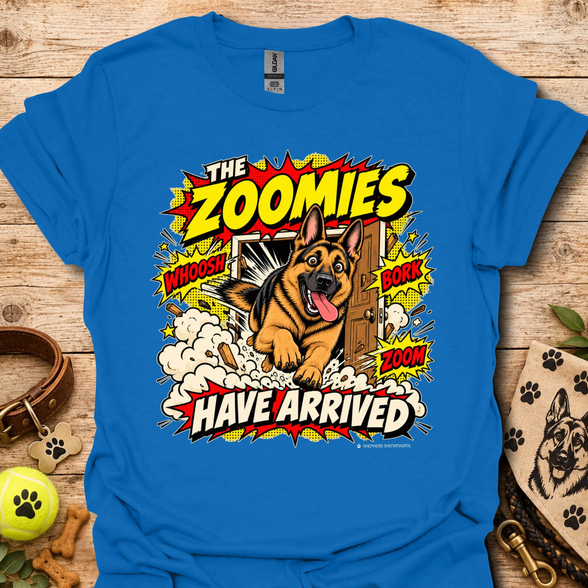Royal blue T-shirt with playful dog graphic and 'THE ZOOMIES HAVE ARRIVED' text